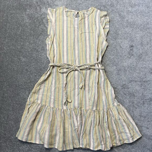 Marine Layer Dress Womens Medium Cream Pastel Stripes Tiered Ruffle Linen Belted - Picture 1 of 8